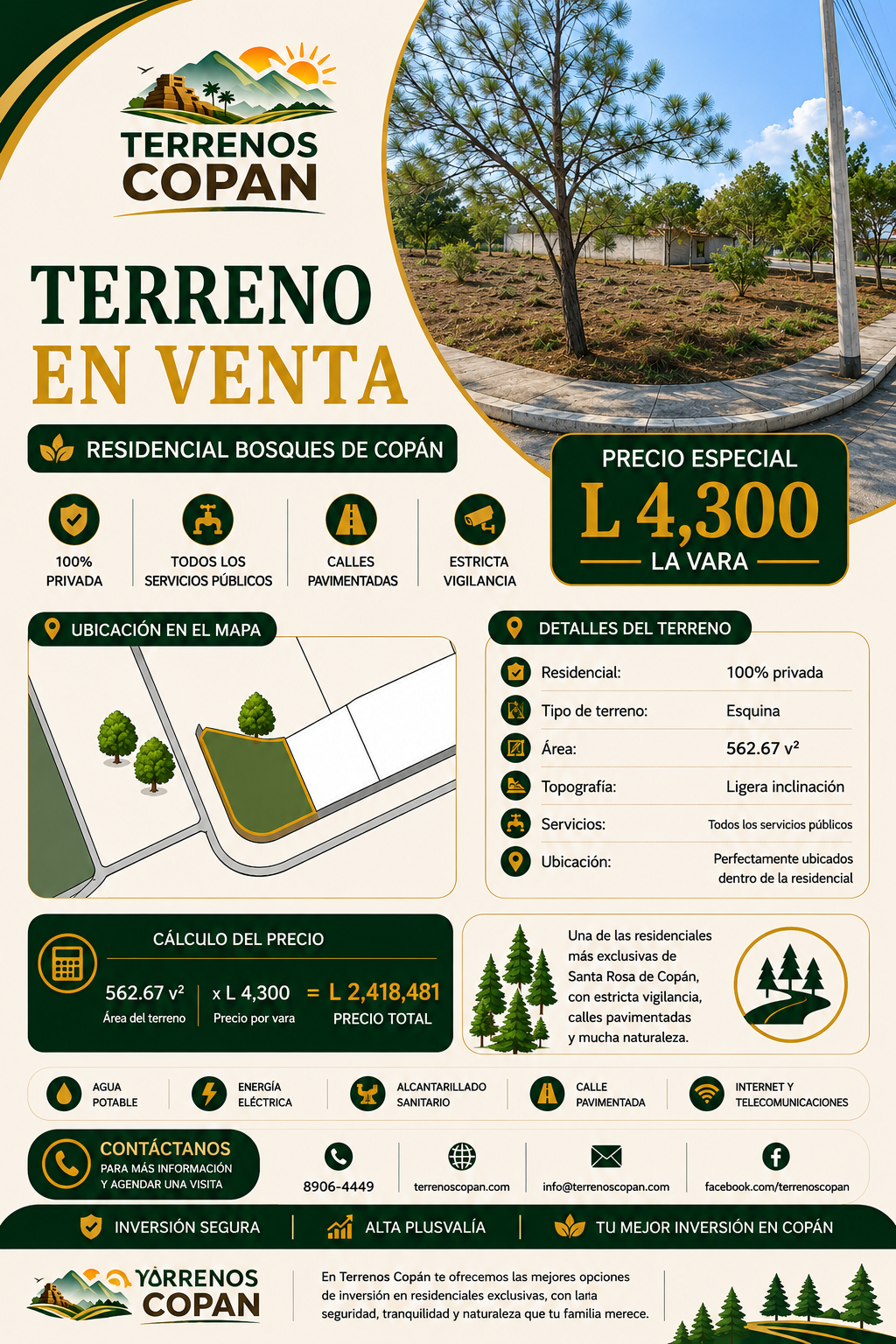 Terreno de esquina en Residencial Bosques de Copán